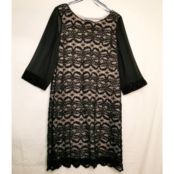 R&M Richards Black Stretch Lace Illusion Dress Sequins Sheer 3/4 Sleeves Size 14 - Picture 1 of 11